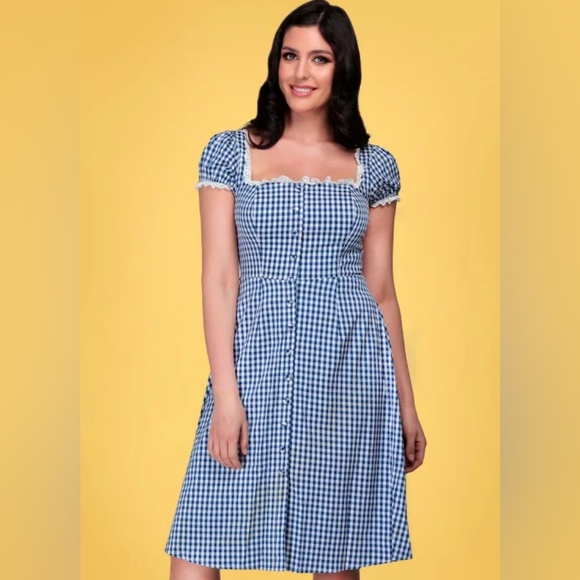 NWOT Blue & White Collectif Eyelet Trim Giulietta Mini Gingham Print Dress - Picture 3 of 14